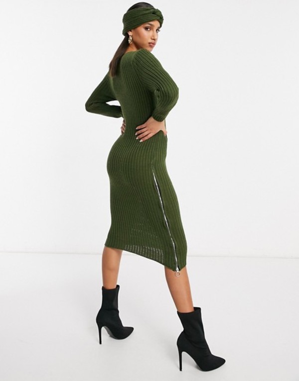 楽天ランキング1位 楽天市場 ナーナー レディース ワンピース トップス Naanaa Zip Side Slit Midi Sweater Dress With Matching Headband In Khaki Khaki Revida 楽天市場店 予約販売品 Fiker Org