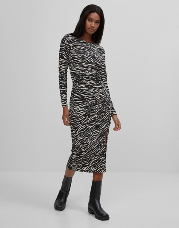 レディースファッション ワンピース お気にいる ワンピース レディース ベルシュカ トップス Black Black In Ruching With Dress Midi Print Zebra Bershka Zivejgovivax Mk