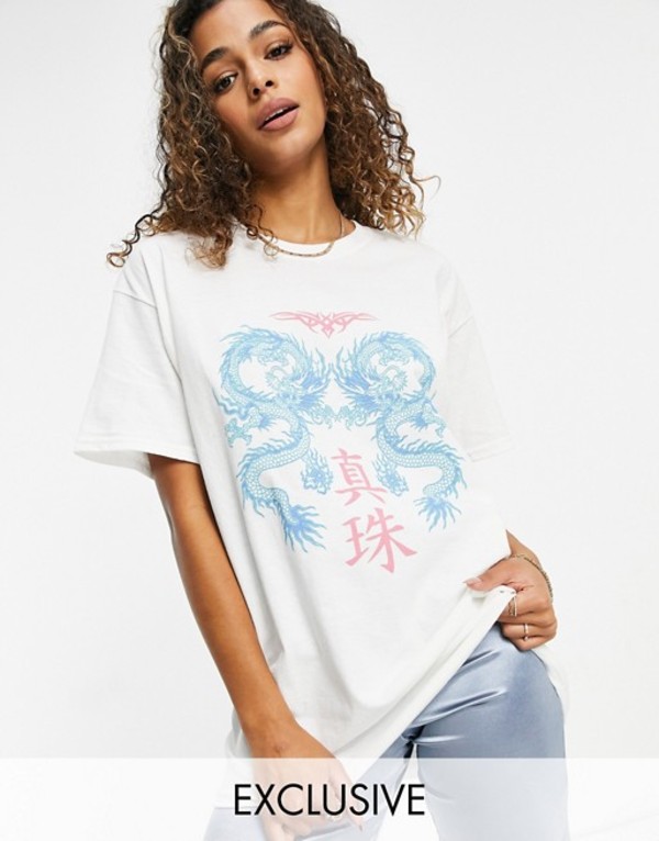 新発売の ニューガールオーダー レディース シャツ トップス New Girl Order Exclusive Oversized Dragon T Shirt In White White 希少 Fiker Org