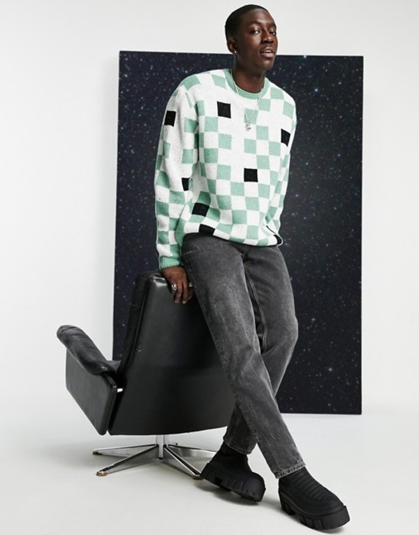 エイソス メンズ ニット プルオーバー アウター Asos Design Ovesized Checkerboard Sweater In Mint Green Mint 貨物輸送無料 大きさ刷新無料 エイソス メンズ アウター ニット セーター Mint Pasadenasportsnow Com