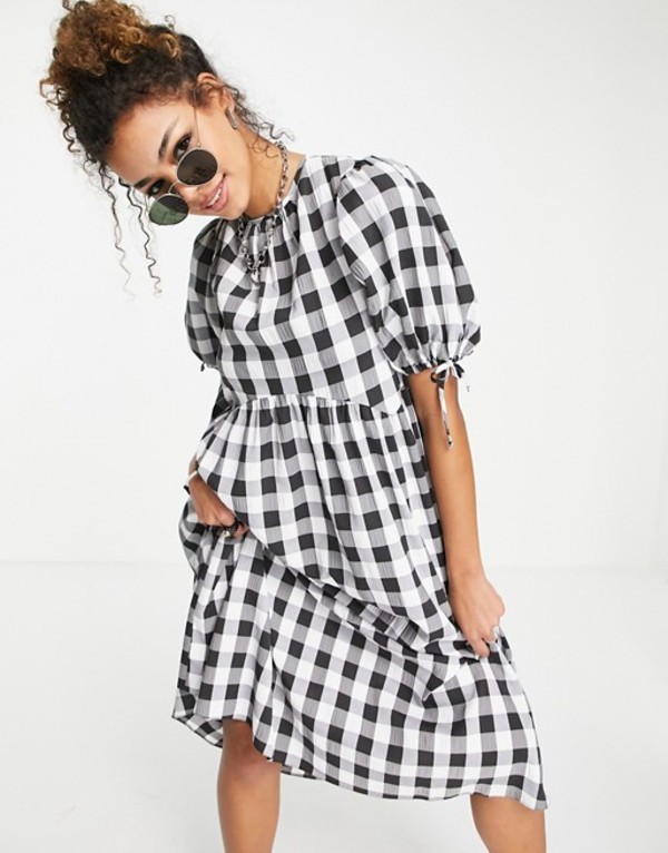 レディース ワンピース トップス エイソス ワンピース Sleeve Black White エイソス Open Gingham Asos Black White 送料無料 サイズ交換無料 レディース トップス Design Gingham Midi Smock Dress With Puff Sleeve And Open Back Black White Gingham Revida 店