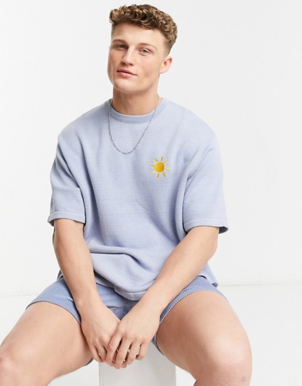 エイソス メンズ ニット スエーター アウター Asos Design Knitted T Shirt With Embroidered Sun In Pale Blue Part Of A Set Pale Blue 貨物輸送無料 大いさ入換える無料 エイソス メンズ アウター ニット セーター Pale Blue