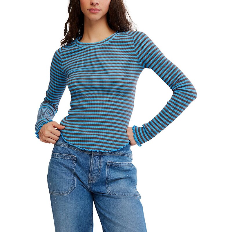 フリーピープル レディース トップス Tシャツ 長袖 Free Peopleasy Does It Striped Long-Sleeve T-Shirt - Women's Blue Combo ブルー｜ReVida 店 14,896円