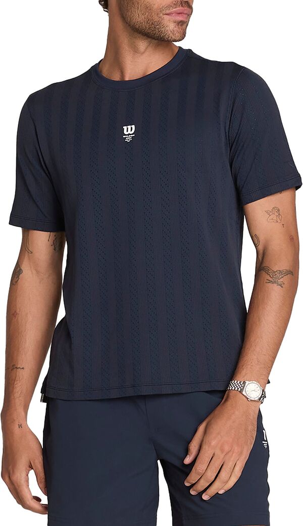 ウィルソン メンズ トップス Tシャツ Wilson Men's Game Point Seamless Tennis T-Shirt Navy ネイビー｜ReVida 店