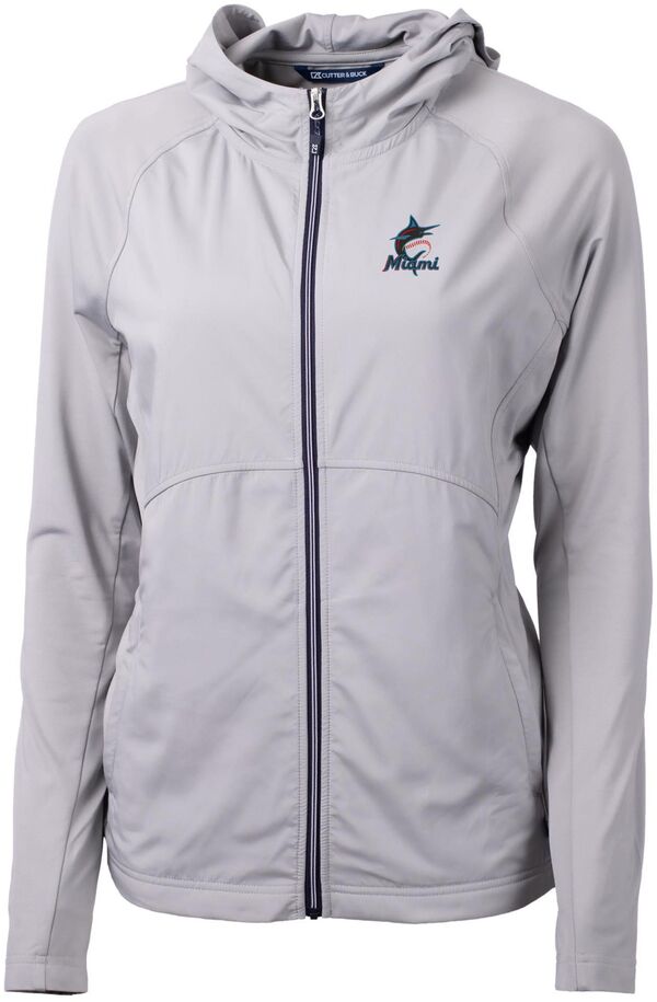 カッターアンドバック レディース アウター ジャケット・ブルゾン ニット Cutter \u0026 Buck Women Miami Marlins Polished Eco Knit Hybrid Full Zip Jacket NoColor