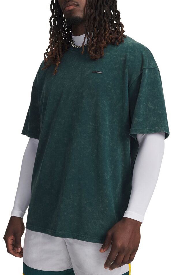 アンダーアーマー メンズ トップス Tシャツ ロゴ Under Armour Men's Heavyweight Oversized Logo Wash T-Shirt Arden Green/White ホワイト