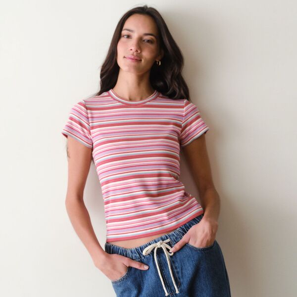米国海兵隊員 座標軸 レディース トップス プルオーバー Marine Layer Women\u0027s Lexi Rib Sun-In Crew Tee Pink Multi Stripe サクラ色