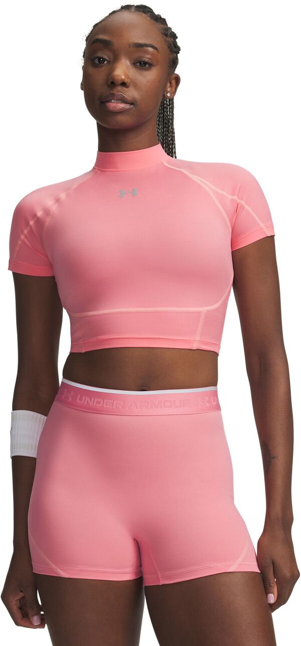 アンダーアーマー レディース トップス シャツ Under Armour Women's HeatGear Elite Crop Mock Short Sleeve Bittersweet Pink/Reflective ピンク｜ReVida 店