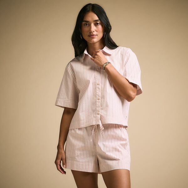 キャリー レディース トップス シャツ ボタンダウン CALIA Women's Poplin Short Sleeve Boxy Button Down Pink Darling Stripe ピンク|ReVida 店
