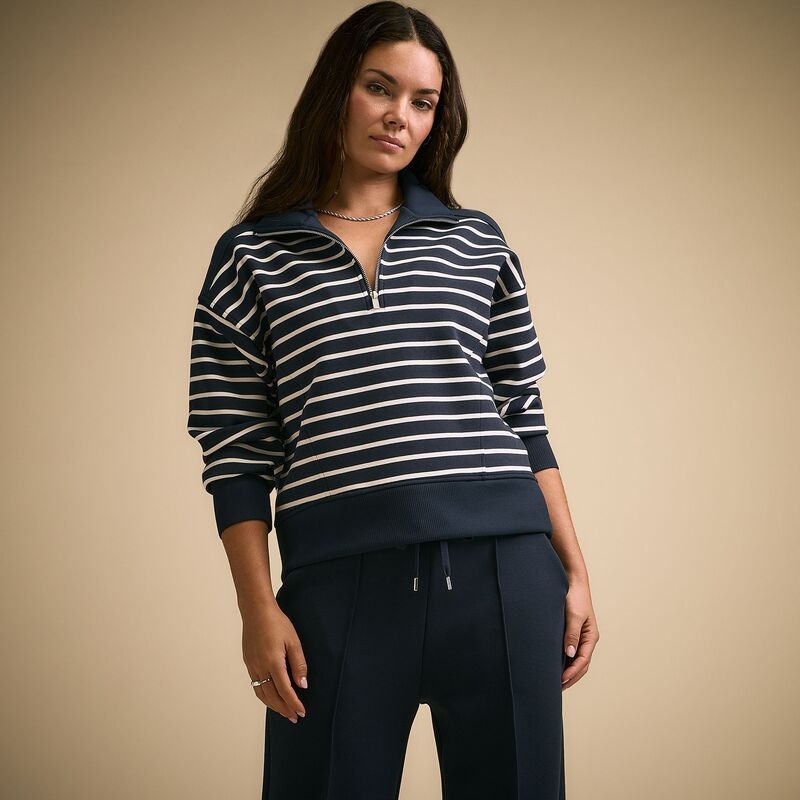 持ちはこび レディース アウター パーカー・スウェット モックネック アクアラング CALIA Women\u0027soft Scuba Mock Neck 1/4 Zip Ardosia Mariner Stripe 縞模様