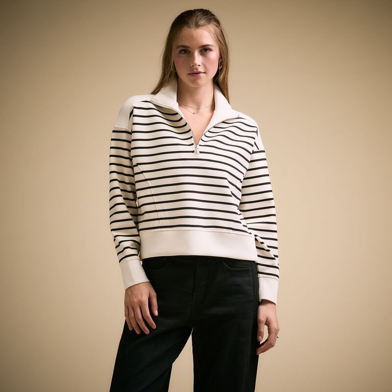 持ちはこび レディース アウター パーカー・スウェット モックネック アクアラング CALIA Women\u0027soft Scuba Mock Neck 1/4 Zip Cloud Mariner Stripe 縞模様