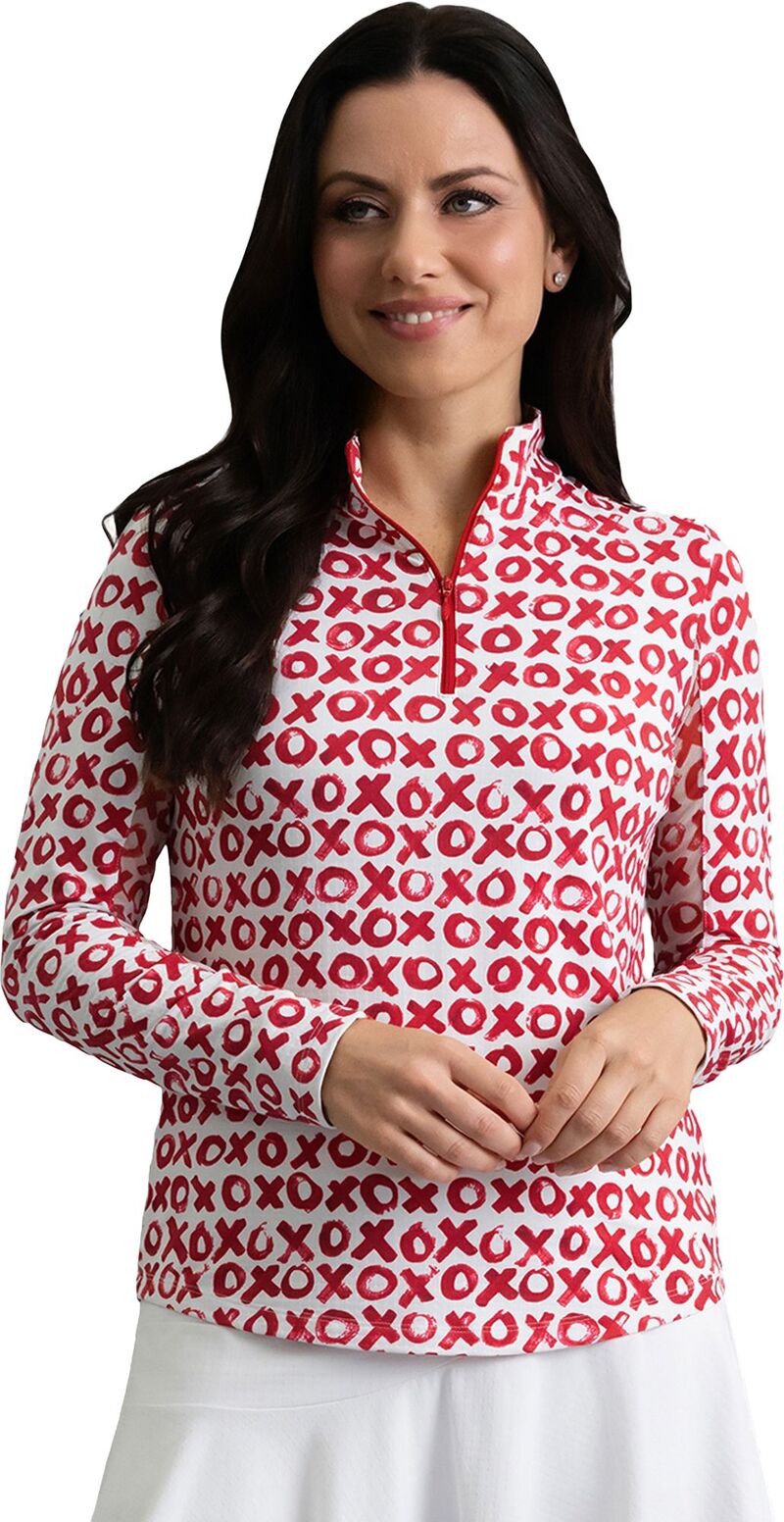 アイビークール レディース トップス シャツ モックネック IBKUL Women's Hugs And Kisses Long Sleeve Zip Mock Neck Golf Shirt Red/White ホワイト|ReVida 店