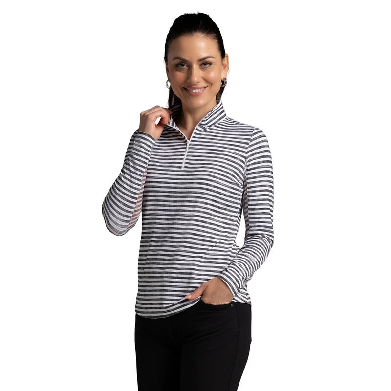 アイビークール レディース トップス シャツ モックネック プリント IBKUL Women's Landon Stripe Print Long Sleeve 1/4 Zip Mock Neck Golf Shirt Landon Stripe II Black/White ホワイト|ReVida 店
