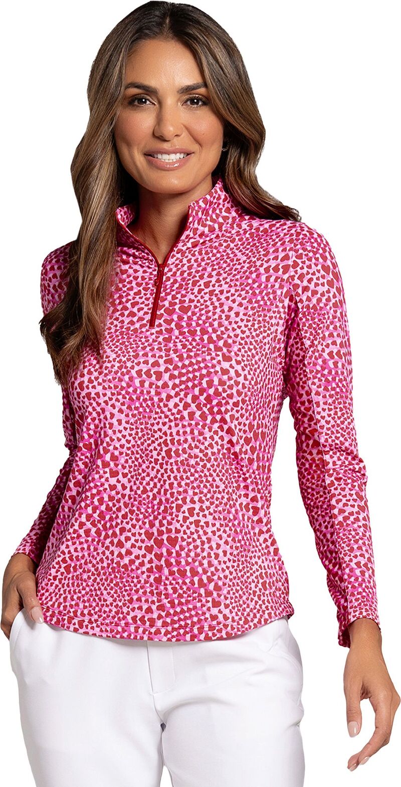 アイビークール レディース トップス プルオーバー モックネック 刷り上げる IBKUL Women\u0027s Amanda Print Long Sleeve Mock Neck Golf Shirt Amanda Red/Hot Pink 赤いこと