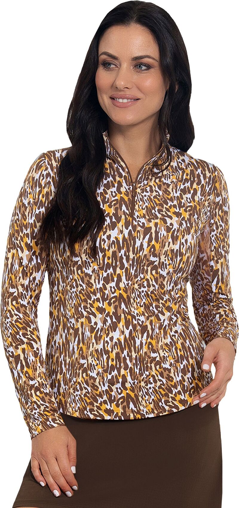 アイビークール レディース トップス プルオーバー モックネック 刷り上げる IBKUL Women\u0027s Karen Print Long Sleeve Mock Neck Golf Shirt Karen Brown/Tan 赤銅色
