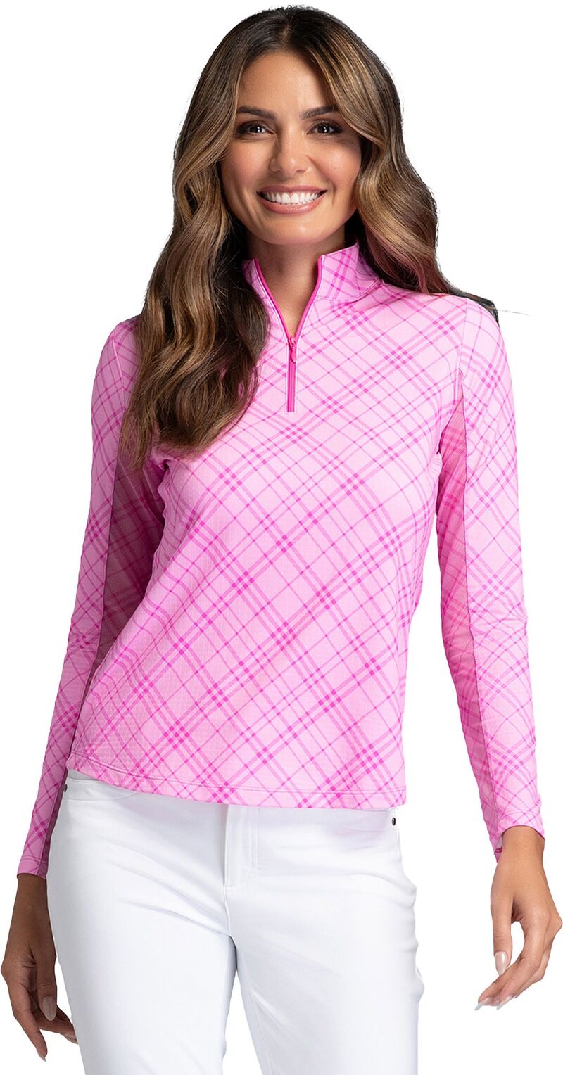 アイビークール レディース トップス プルオーバー モックネック 刷り上げる IBKUL Women\u0027s Tony Print Long Sleeve Mock Neck Golf Shirt Hot Pink/Candy Pink さくら色