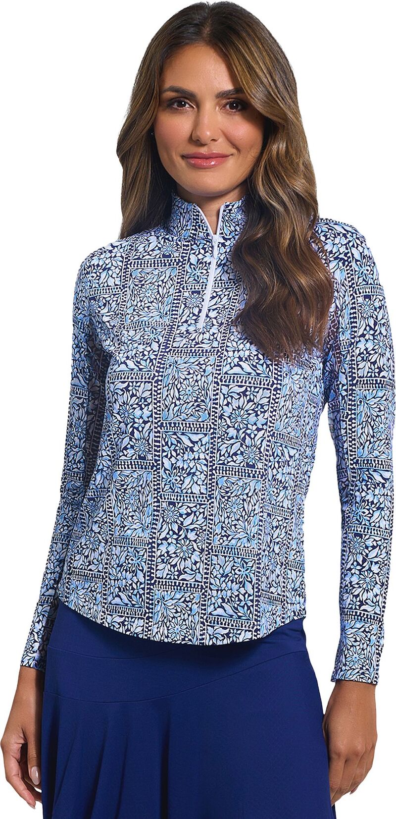 アイビークール レディース トップス プルオーバー モックネック 刷り上げる IBKUL Women\u0027s Josie Print Long Sleeve Mock Neck Golf Shirt Josie Navy/Peri 米国海軍