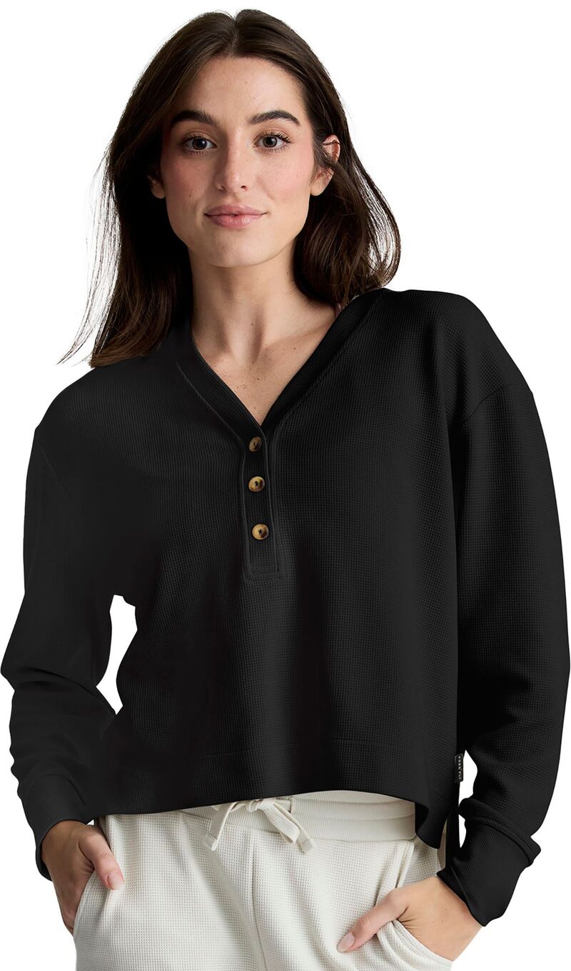 無償性 飛球 レディース トップス プルオーバー Free Fly Women\u0027s Waffle Long Sleeve Henley Shirt Black Sand 黒いこと