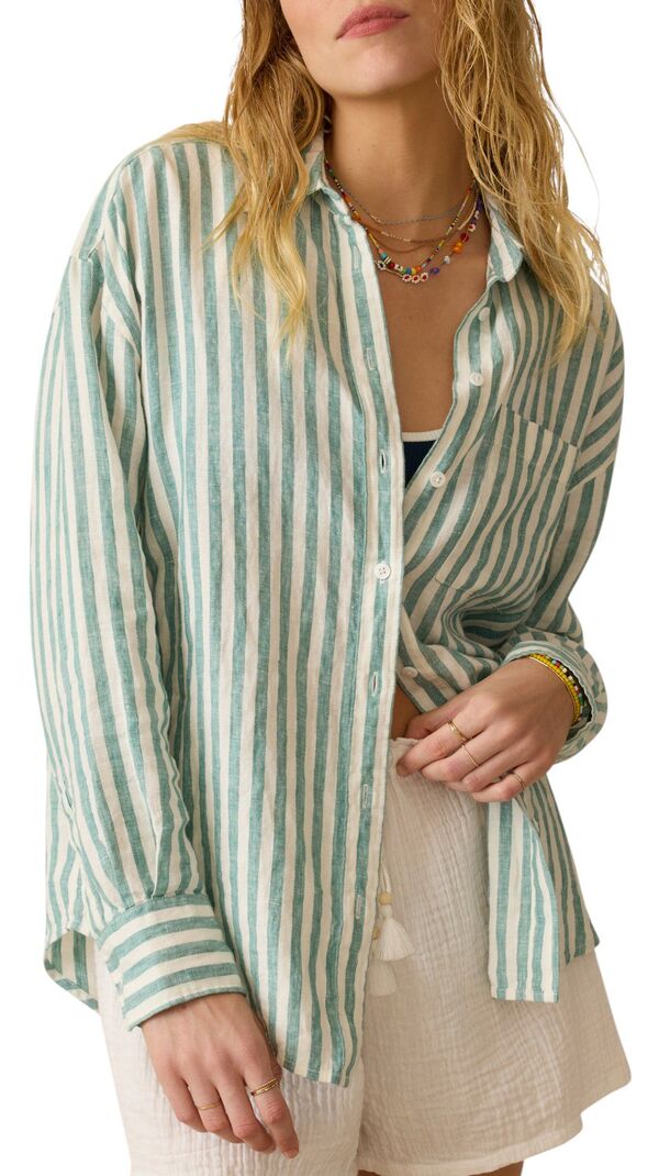 ファレティ レディース トップス シャツ リネン Faherty Women's Laguna Linen Relaxed Shirt Ocean Lucy Stripe ストライプ｜ReVida 店