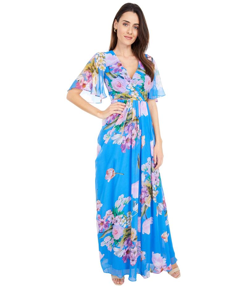 アドリアナ パペル レディース ワンピース トップス Floral Printed Chiffon Gown Ocean Dream