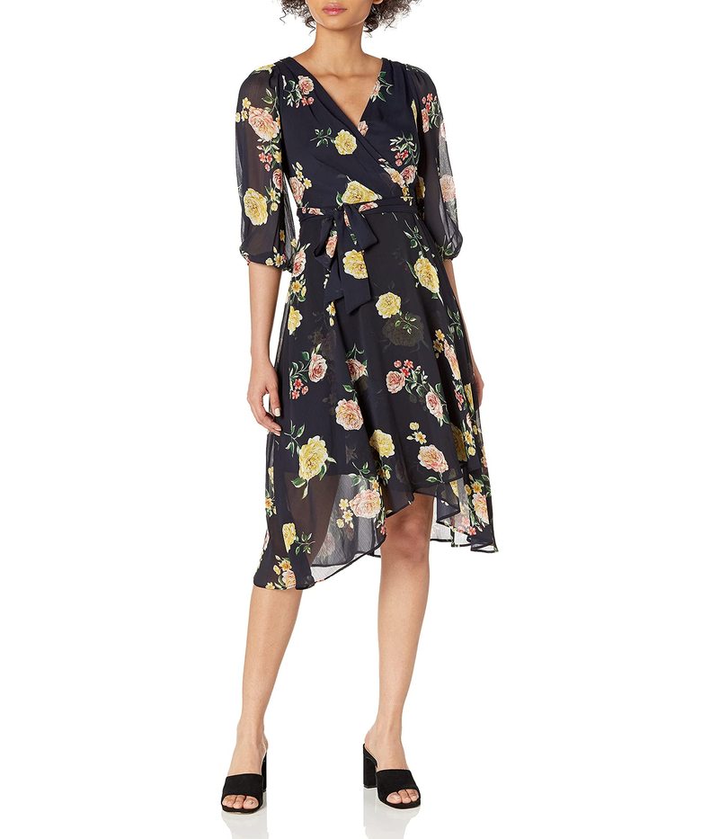 ダナ キャラン ニューヨーク レディース ワンピース トップス Faux Wrap Dress Navy Multi Flor Fitzfishponds Com