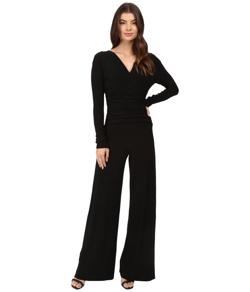 ノーマカマリ レディース トップス 飛び降りる背広 Vのど頚 Norma Kamali V-Neck Long Sleeve Shirred Waist Jumpsuit Black 黒いこと