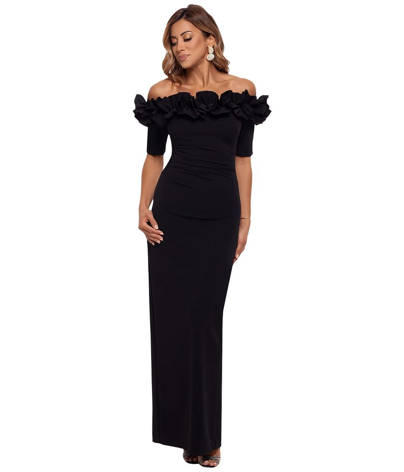 逃げ失せる レディース トップス 衣装 縮緬 フラウンス XSCAPE Long Crepe Off The Shoulder Ruffle Short Sleeve Black 黒いこと