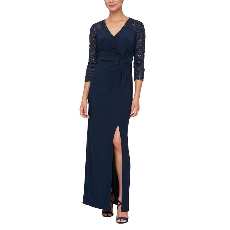 アレックスイブニングス レディース ワンピース トップス Long Surplice Neckline Dress w Knot Front,  Embroidered Illusion Sleeves Navy 上等