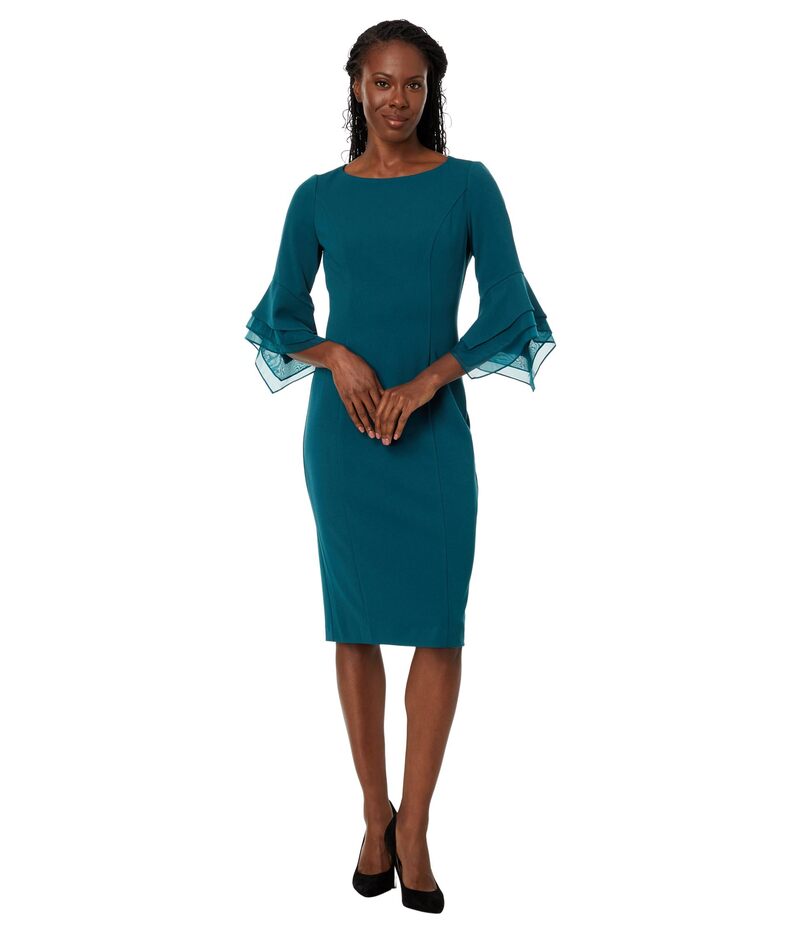 アドリアナ パペル レディース トップス 衣装 ティアード 縮緬 編み物 Adrianna Papell Stretch Knit Crepe Sheath Dress with Tiered Organza Bell Sleeve Hunter