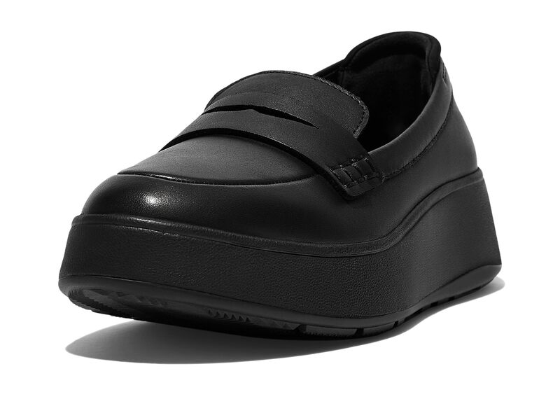 相応うフロップ レディース シューズ スリッポン・ローファー なめし革 FitFlop F-Mode Leather Flatform Penny Loafers All Black 黒いこと レディース靴-靴-ローファー