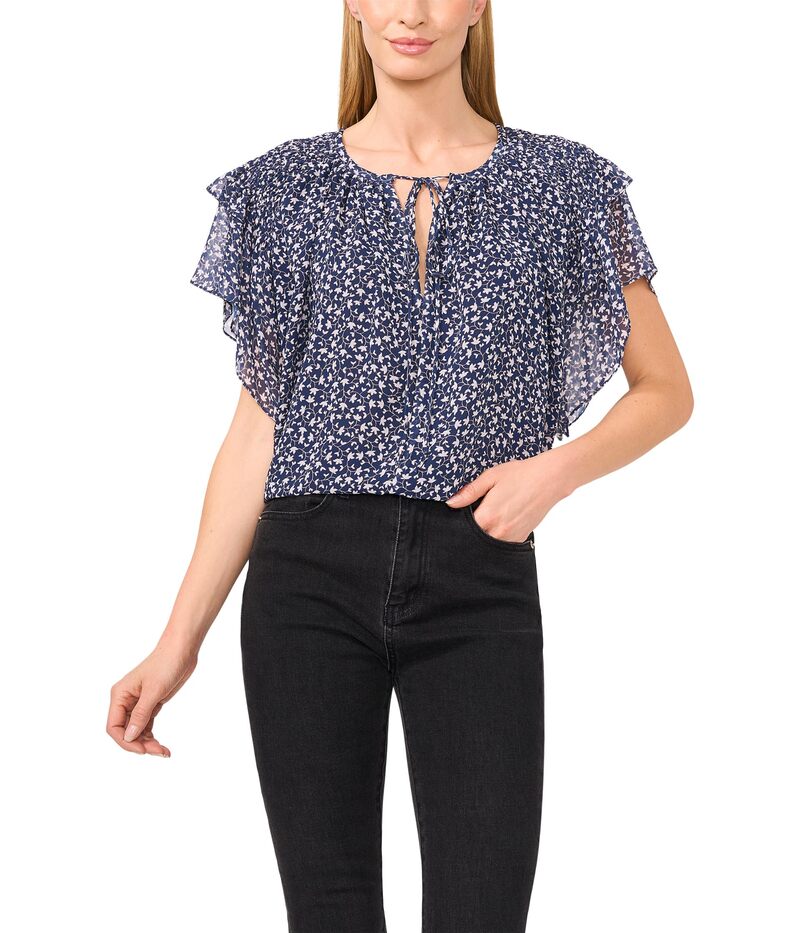 セセ レディース トップス シャツ プリント フリル CeCe Printed Tie Neck Double Ruffled Sleeve Top Classic Navy ネイビー