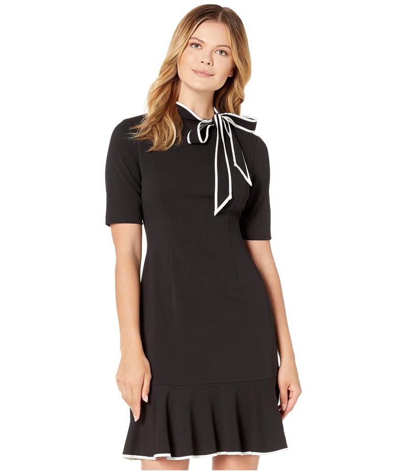 アドリアナ パペル レディース トップス 衣装 縮緬 編み物 Adrianna Papell Knit Crepe Tie Neck Flounce Dress Black/Ivory 象牙色 ワンピース-レディースファッション