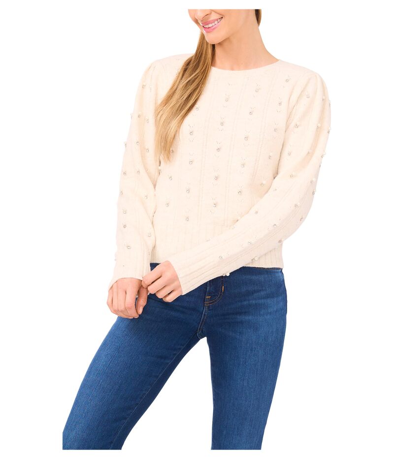 セセ レディース アウター パーカー・スウェット セーター CeCe Pearl Embellished Pointelle Sweater Buttercream パール