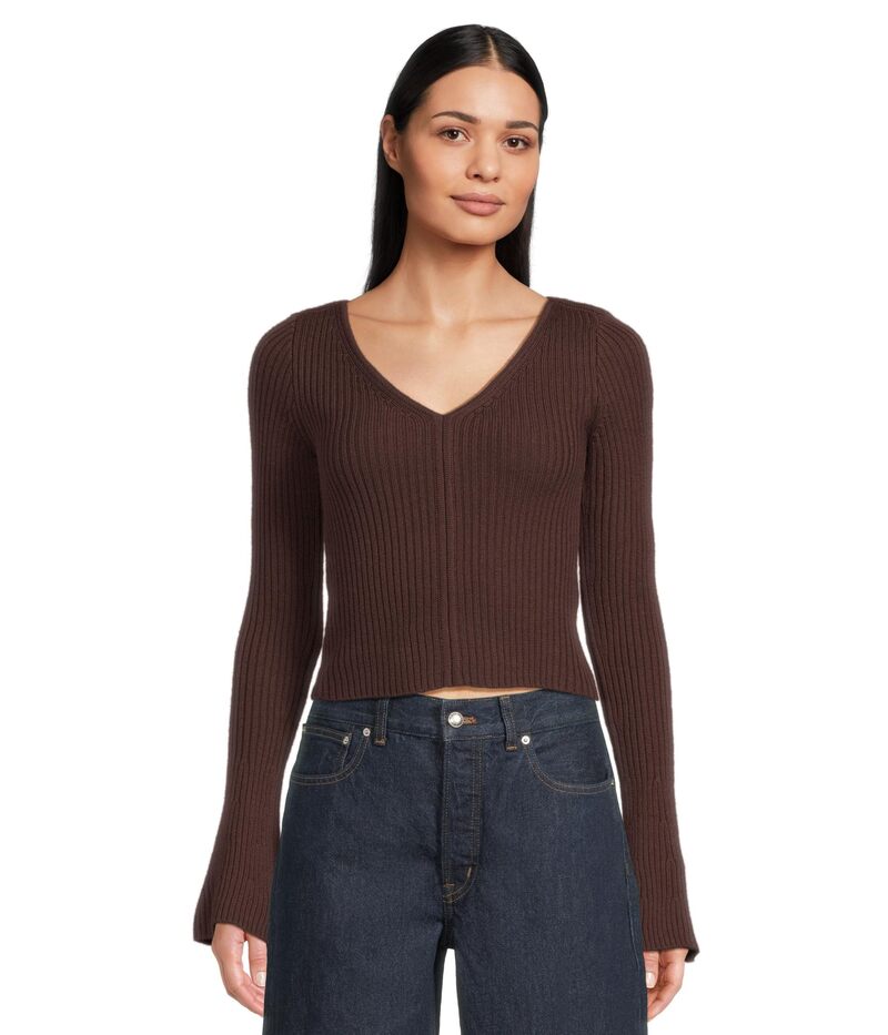 メイドウェル レディース アウター 編み物・プルオーバー Vのど首 肋材 Madewell Ribbed Merino Flare Sleeve Vneck Clari Chocolate Raisi 黒茶 ニット・セーター-レディースファッション