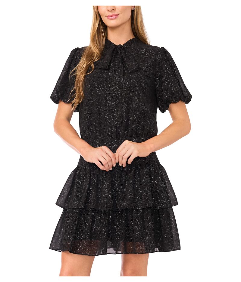 セセ レディース トップス 衣装 ミニ衣装 フラウンス ミニ CeCe Tie Neck Ruffled Tier Mini Dress Rich Black 黒いこと