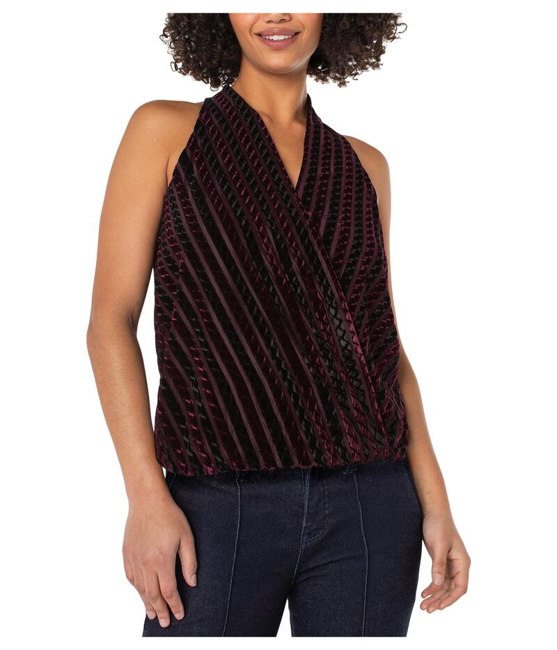 リヴァプール ロサンゼルス レディース トップス シャツ ベルベット ノースリーブ ニット Liverpool Los Angeles Sleeveless Crossover Knit Top W/ Velvet Stripes Black Burgundy ブラック