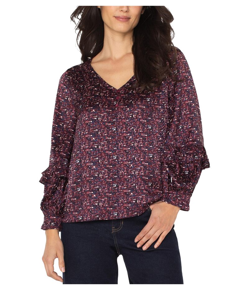 リヴァプール ロサンゼルス レディース トップス シャツ フリル ブラウス Liverpool Los Angeles Long Sleeve Woven Blouse W/ Ruffles Burgundy Multi バーガンディ