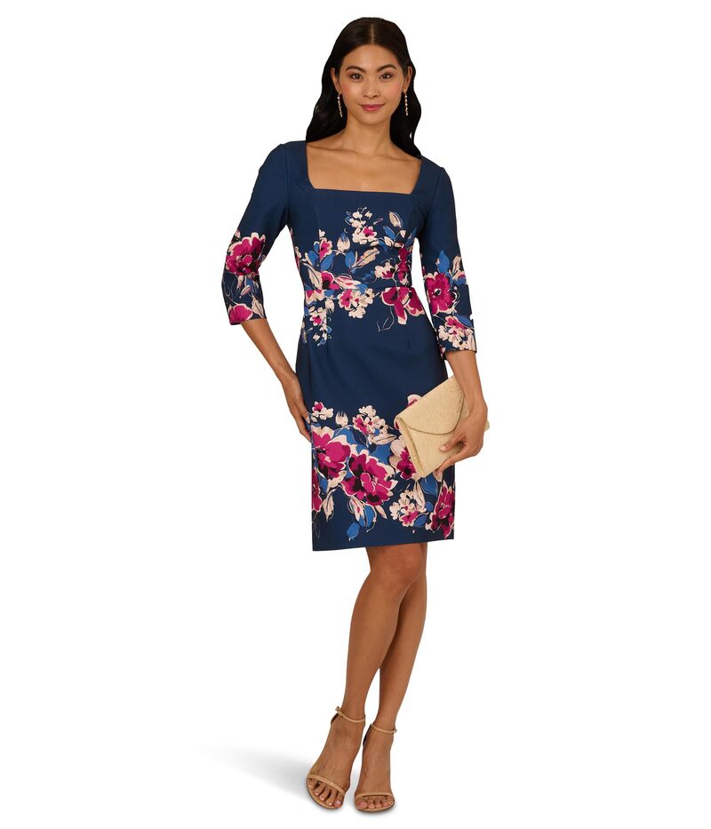 アドリアナ パペル レディース トップス 衣装 お花柄 midi お花 Adrianna Papell Border Floral Midi Dress Navy/Pink Multi 米国海軍 ワンピース-レディースファッション