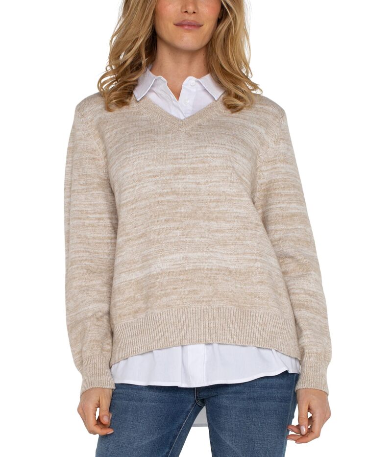 リヴァプール ロサンゼルス レディース アウター ニット・セーター Liverpoolos Angeles Long Sleeve Two-Fer Collared Sweater Melange Sweater Yarn Light Oatmeal M オートミール