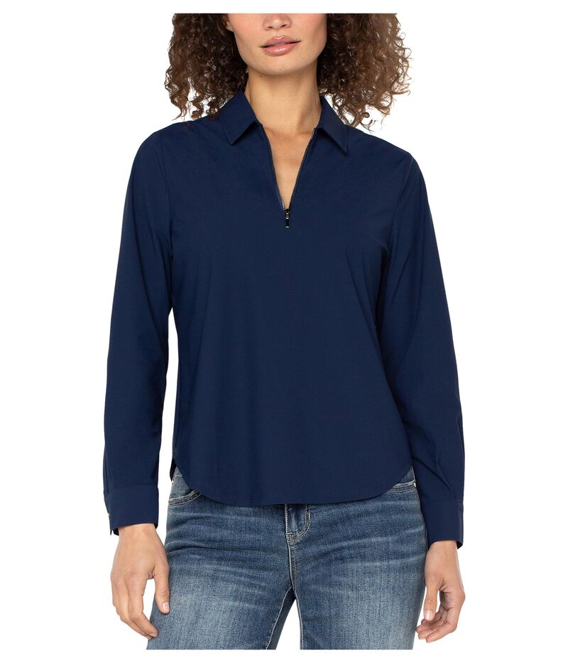 リヴァプール ロサンゼルス レディース トップス シャツ ニット Liverpoolos Angeles Long Sleeve Collared Zip Front Knit Shirt Dark Navy ネイビー