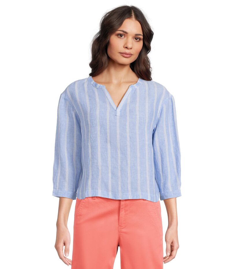 エルエルビーン レディース トップス シャツ リネン L.L.Bean Premium Washable Linen Shirt Split-Neck Stripe Arctic Blue Str ブルー