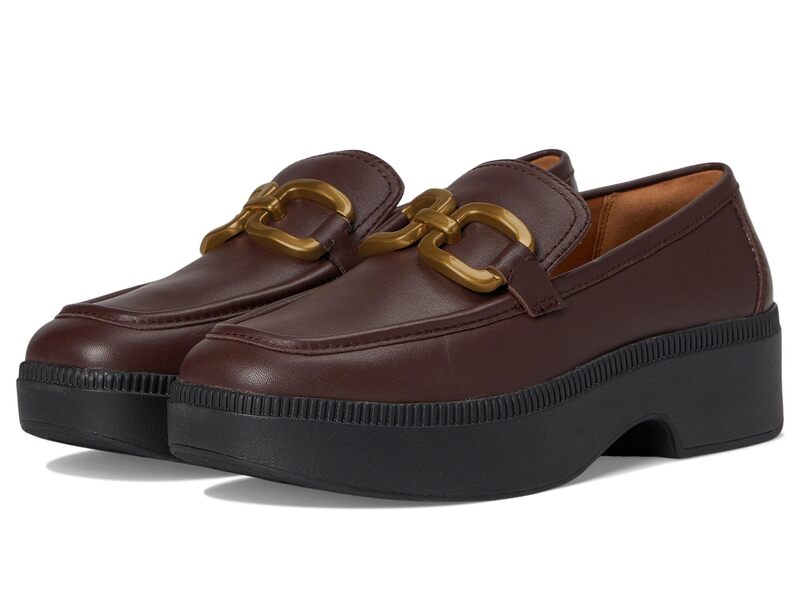相応うフロップ レディース シューズ スリッポン・ローファー なめし革 FitFlop F-Luma Square-Chain Leather Loafers Chocolate 黒茶 靴-レディース靴-ローファー