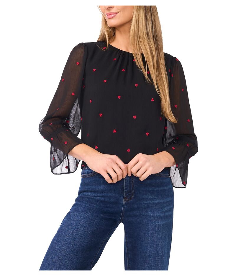 セセ レディース トップス シャツ CeCe 3/4 Sleeve Shirred Neck Embroidery Hearts Top Rich Black ブラック