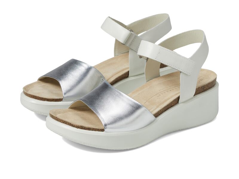 残響音 レディース シューズ 踵 サンダル ECCO Flowt Wedge Cork Sandal Silver/White 白いこと