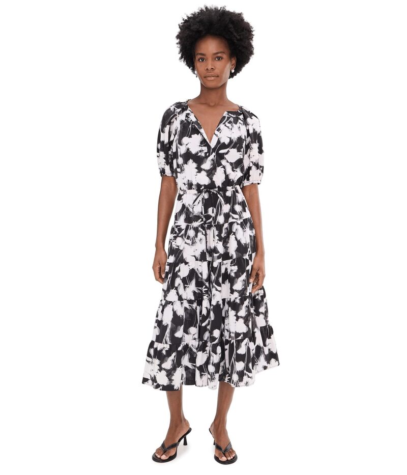 カルバンクライン レディース トップス 衣装 ティアード 御花柄 midi 御花 Calvin Klein Puff Sleeve Commuter Floral Tiered Midi Black White 白いこと