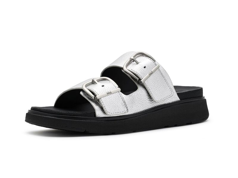 相応うフロップ レディース シューズ 踵 なめし革 FitFlop Gen FF Buckle Tumbled Leather Two Bar Slidesilver しろがね色