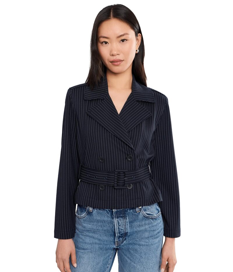 リヴァプール ロサンゼルス レディース アウター コート プチ クロップド ジャケット Liverpoolos Angeles Petite Cropped Pinstripe Trench Jacket With Belt Deep Midnight/