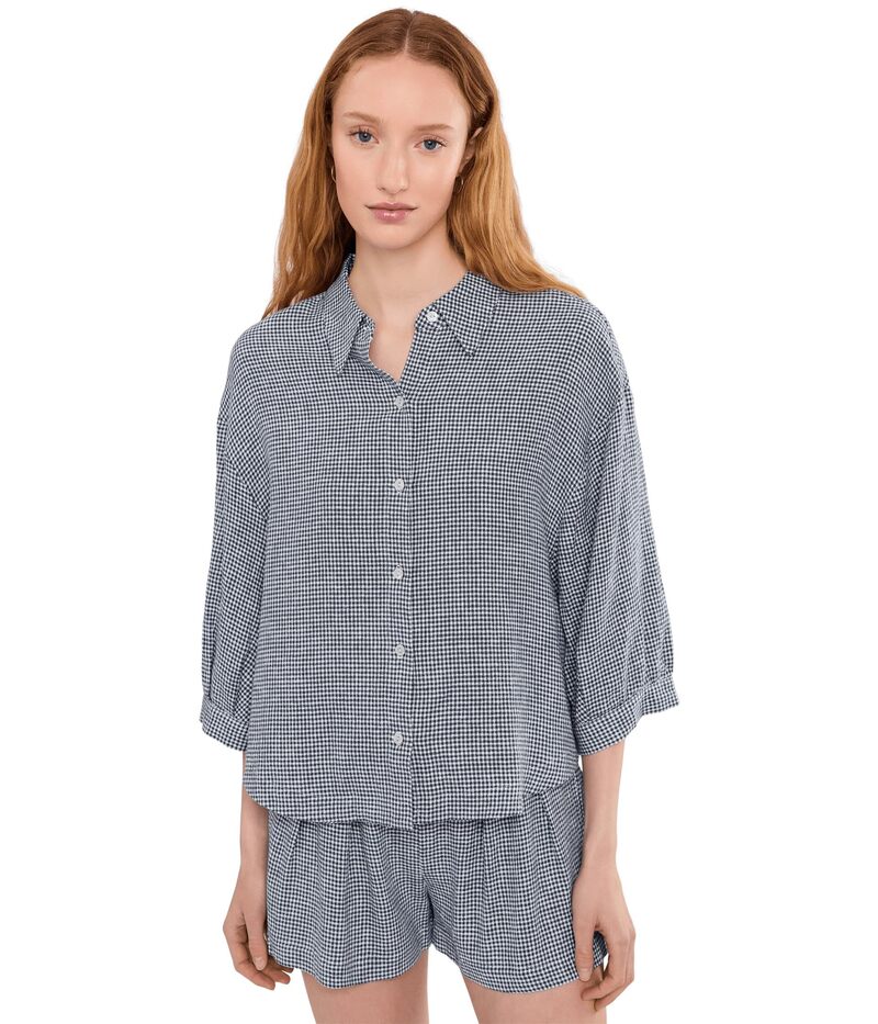 エバージェイ レディース トップス シャツ リネン Eberjey Linen Blend Relaxed Sleeve Top Gingham White/N ホワイト