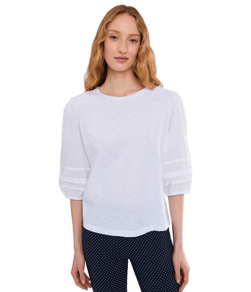 エリオットローレン レディース トップス シャツ バルーンスリーブ ニット Elliott Lauren Mixed Signals - Knit Woven Combo Top With Balloon Sleeves White ホワイト