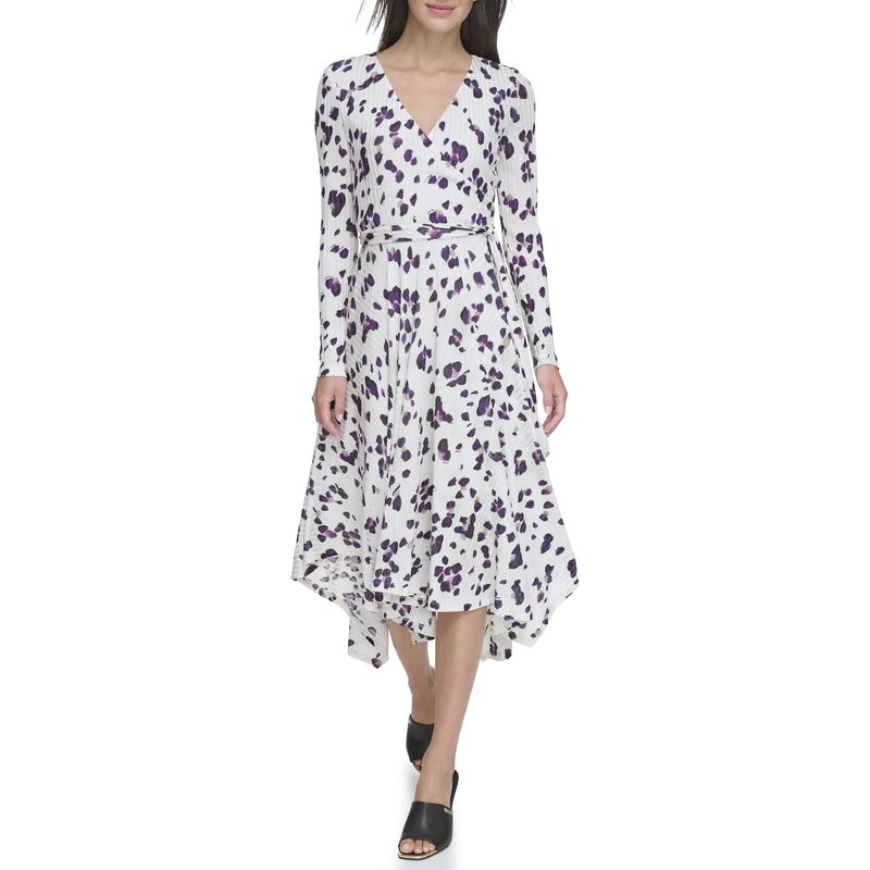ダナ キャラン ニューヨーク レディース トップス ワンピース Vネック プリント DKNY Long Sleeve Print V-Neck Wrap Dress Pebble/Black Mu ブラック